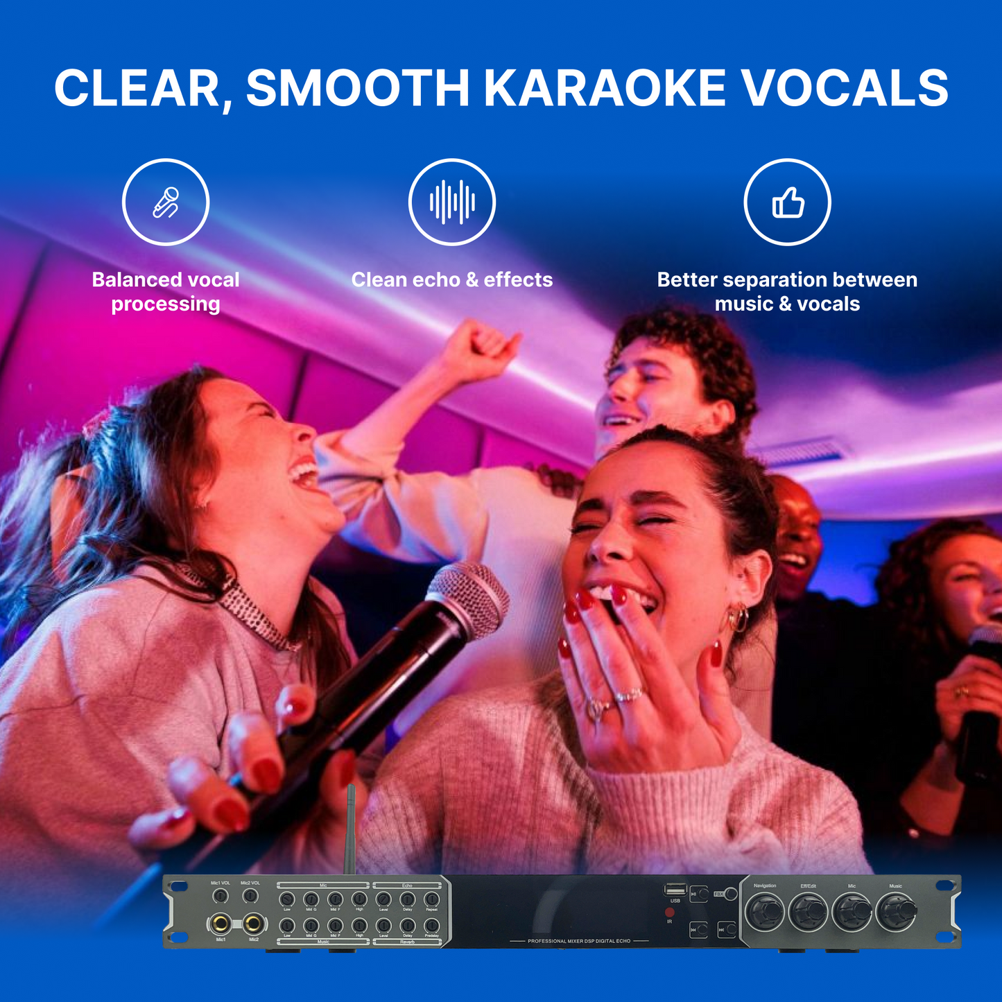 ImPro MX-9 DSP Karaoke Mixer & Digital Echo Processor – Bluetooth, FBX Feedback Suppression, 4 Mic Inputs, Optical & AUX Music Inputs