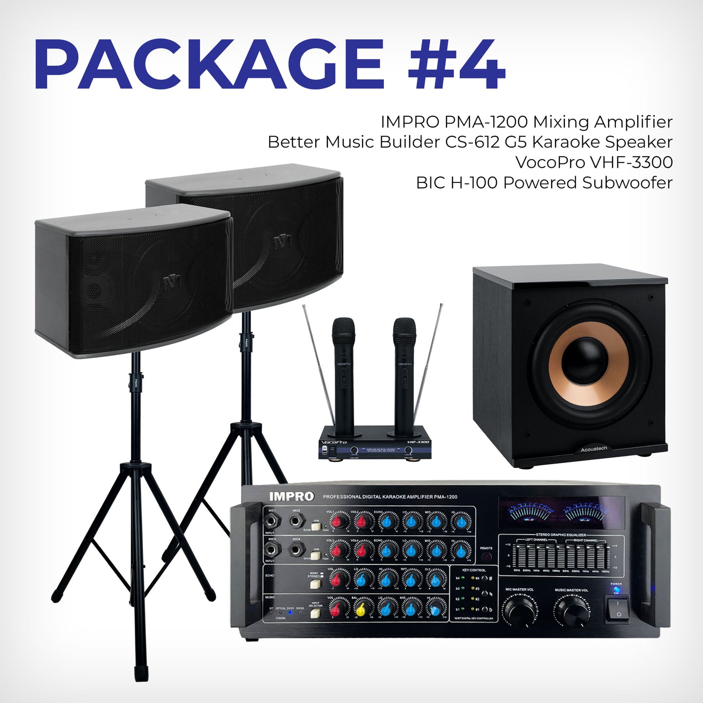House Party Plus Pack #2: ImPro Amp, BetterMusicBuilder Speakers, Stands, VocoPro Mics & BIC Subwoofer