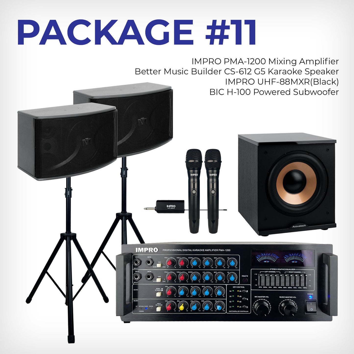 House Party Plus Pack #3: ImPro Amp, BetterMusicBuilder Speakers, Stands, ImPro Mics & BIC Subwoofer