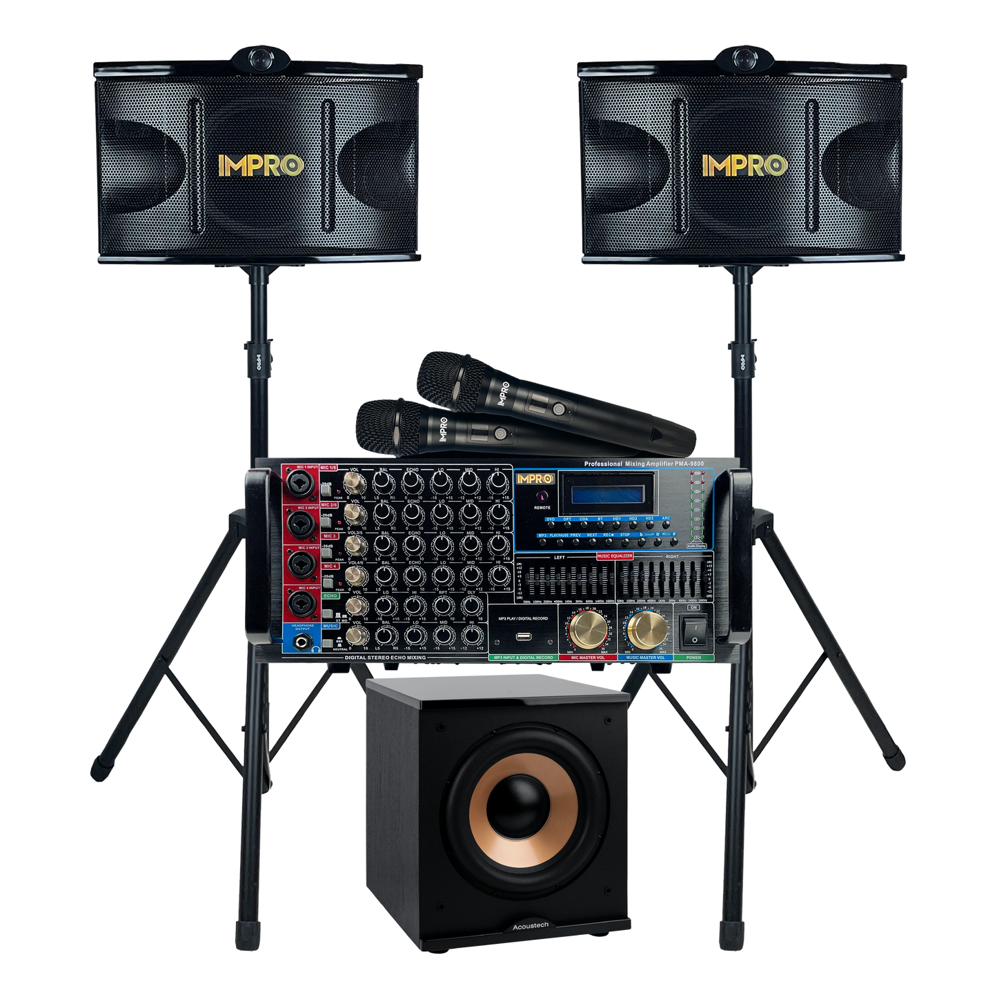 ImPro Epic Party Bundle 2 Plus with Mixing Amplifier, Speakers, Subwoofer, Microphones, and Accessories (6 Items)