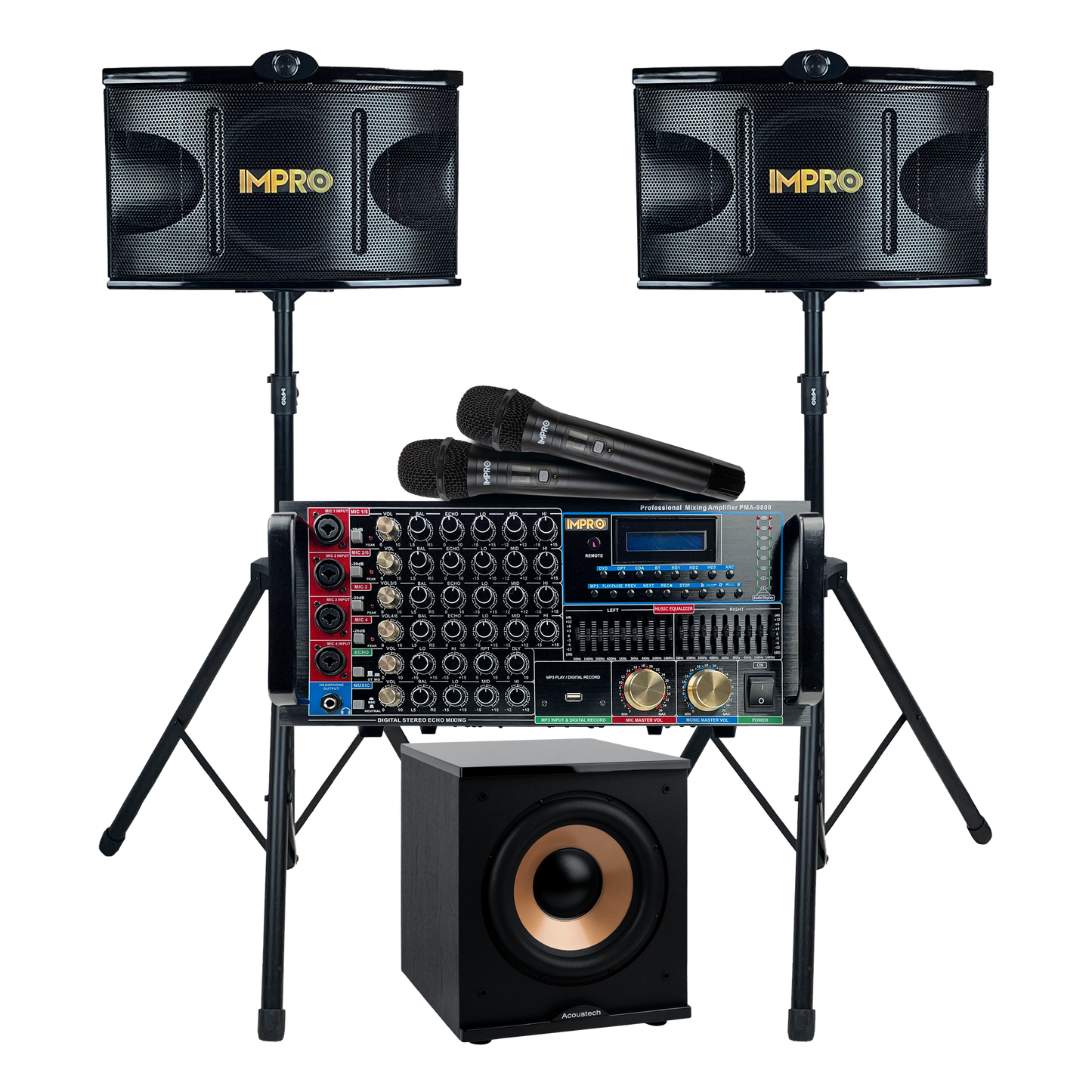 ImPro Epic Party Bundle 1 Plus with Mixing Amplifier, Speakers, Subwoofer, Microphones, and Accessories (6 Items)