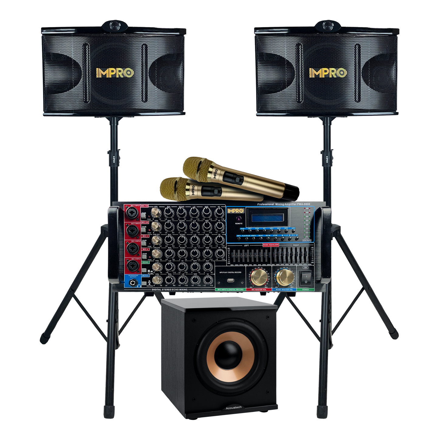 ImPro Epic Party Bundle 1 Plus with Mixing Amplifier, Speakers, Subwoofer, Microphones, and Accessories (6 Items)