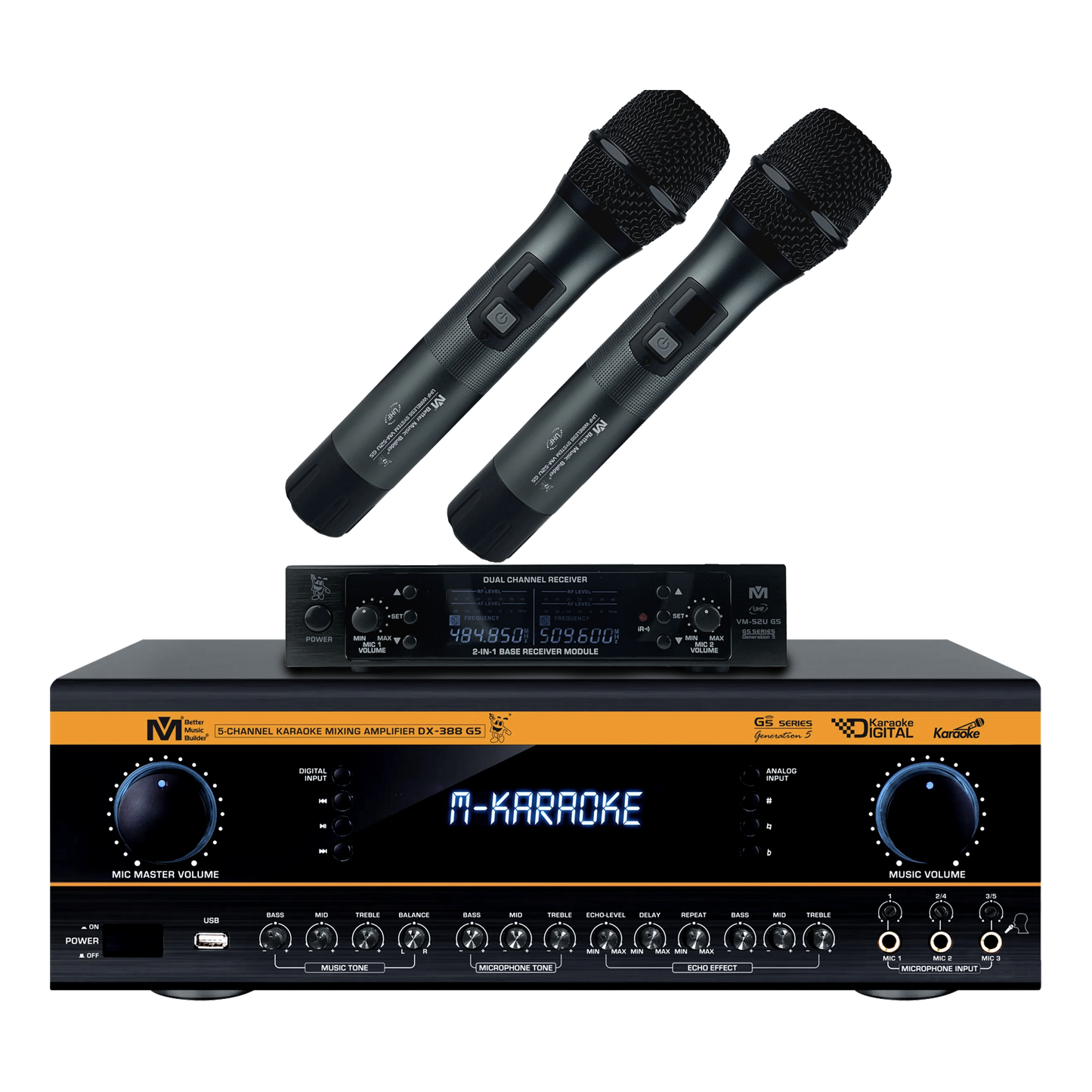 Better Music Builder DX-388 G5 1400W Karaoke Mixing Amplifier Bundle with VM-52 G5 Wireless Microphones