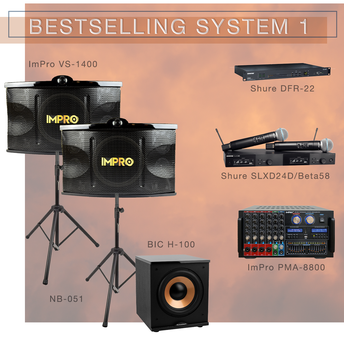 Best Selling System 1 Karaoke Package with ImPro Speakers with Stands, Mixing Amplifier and Shure Microphones