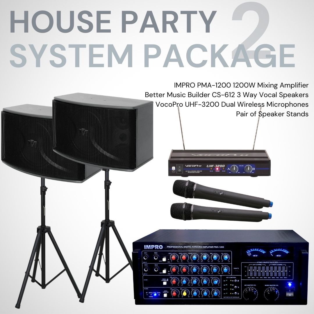 House Party Package #02: ImPro PMA-1200 + BetterMusicBuilder CS-612 G5 + Stands + VocoPro Wireless Microphones
