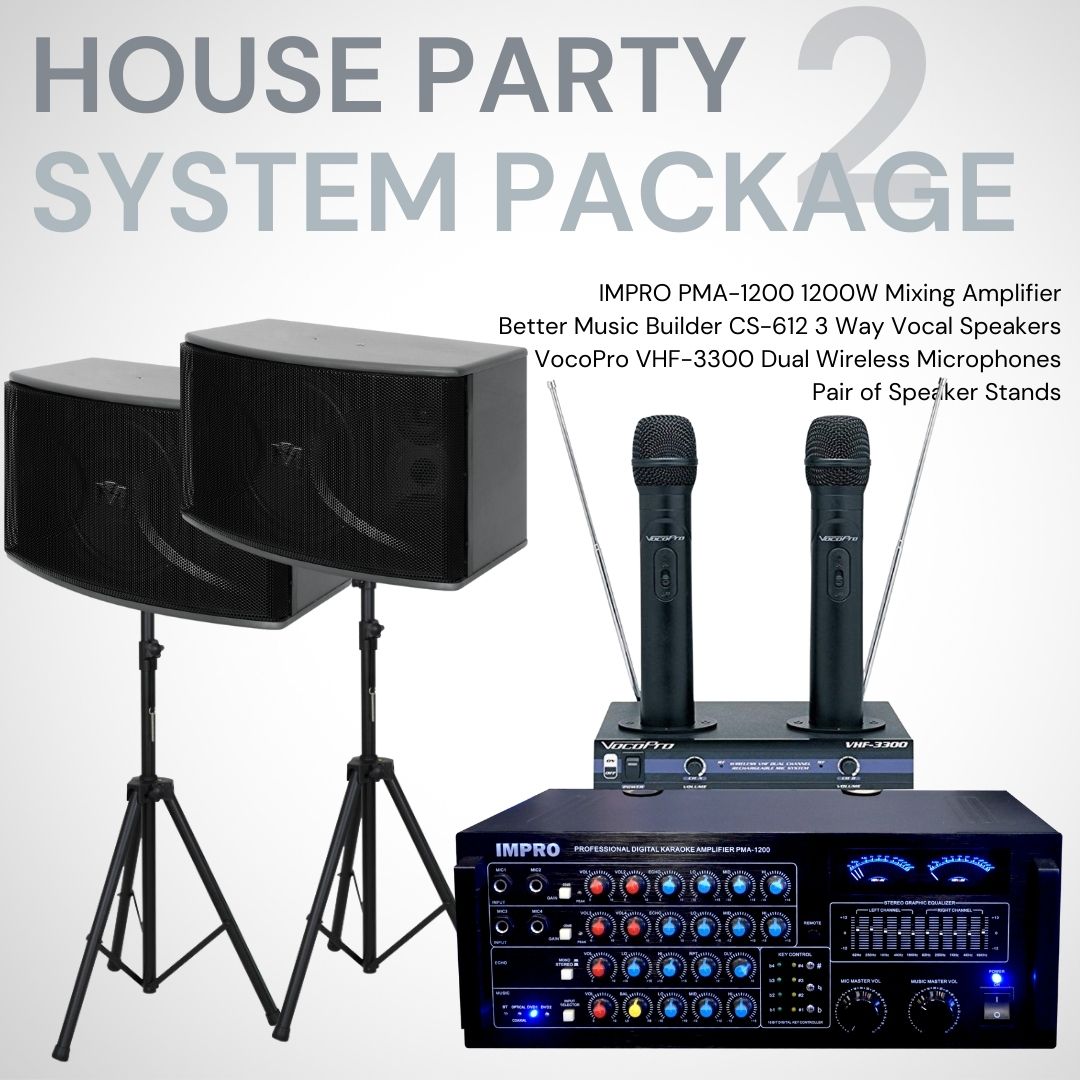 House Party Package #02: ImPro PMA-1200 + BetterMusicBuilder CS-612 G5 + Stands + VocoPro Wireless Microphones