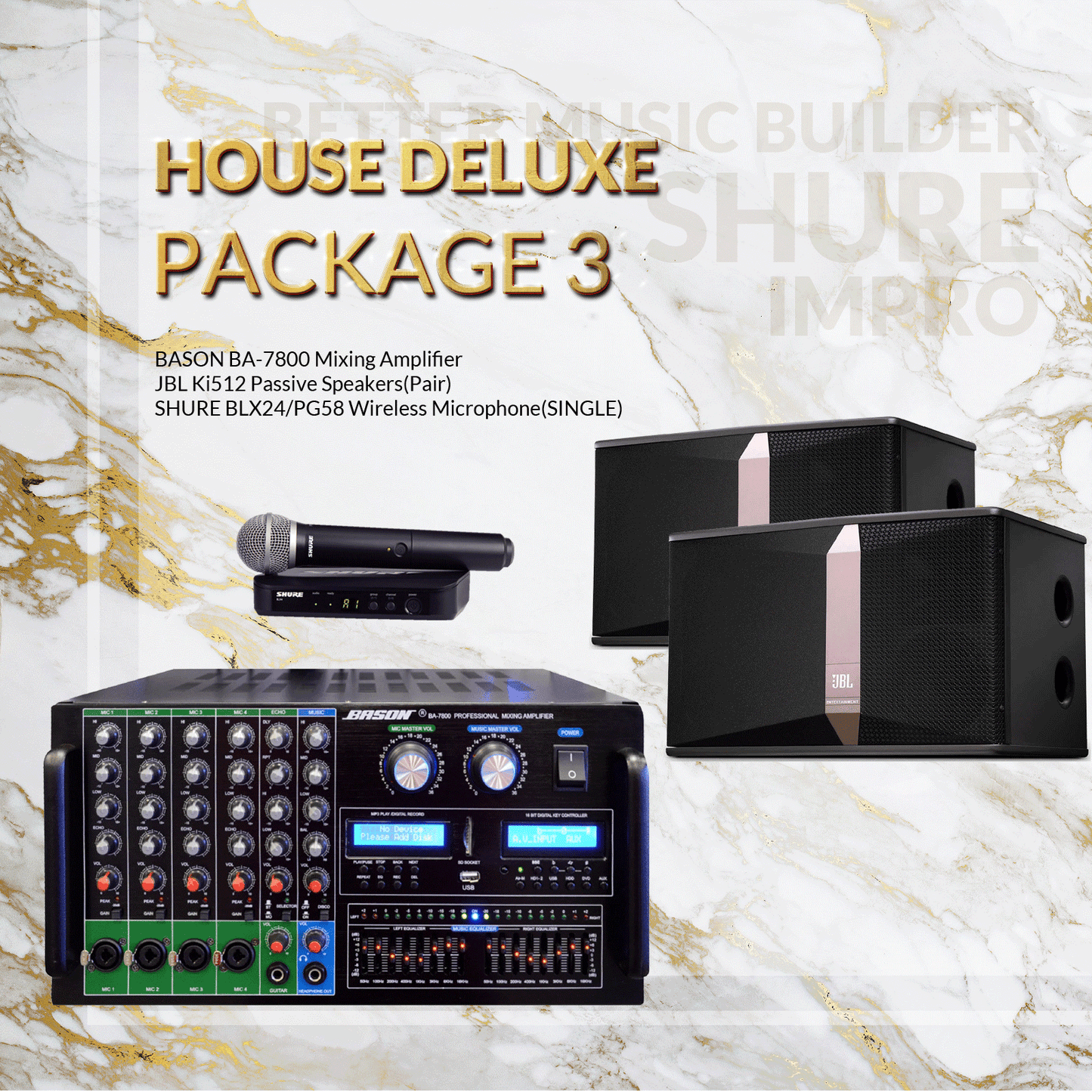 House DLX Package #03: Bason BA-7800 + JBL Ki-512 + Shure BLX Microphone System