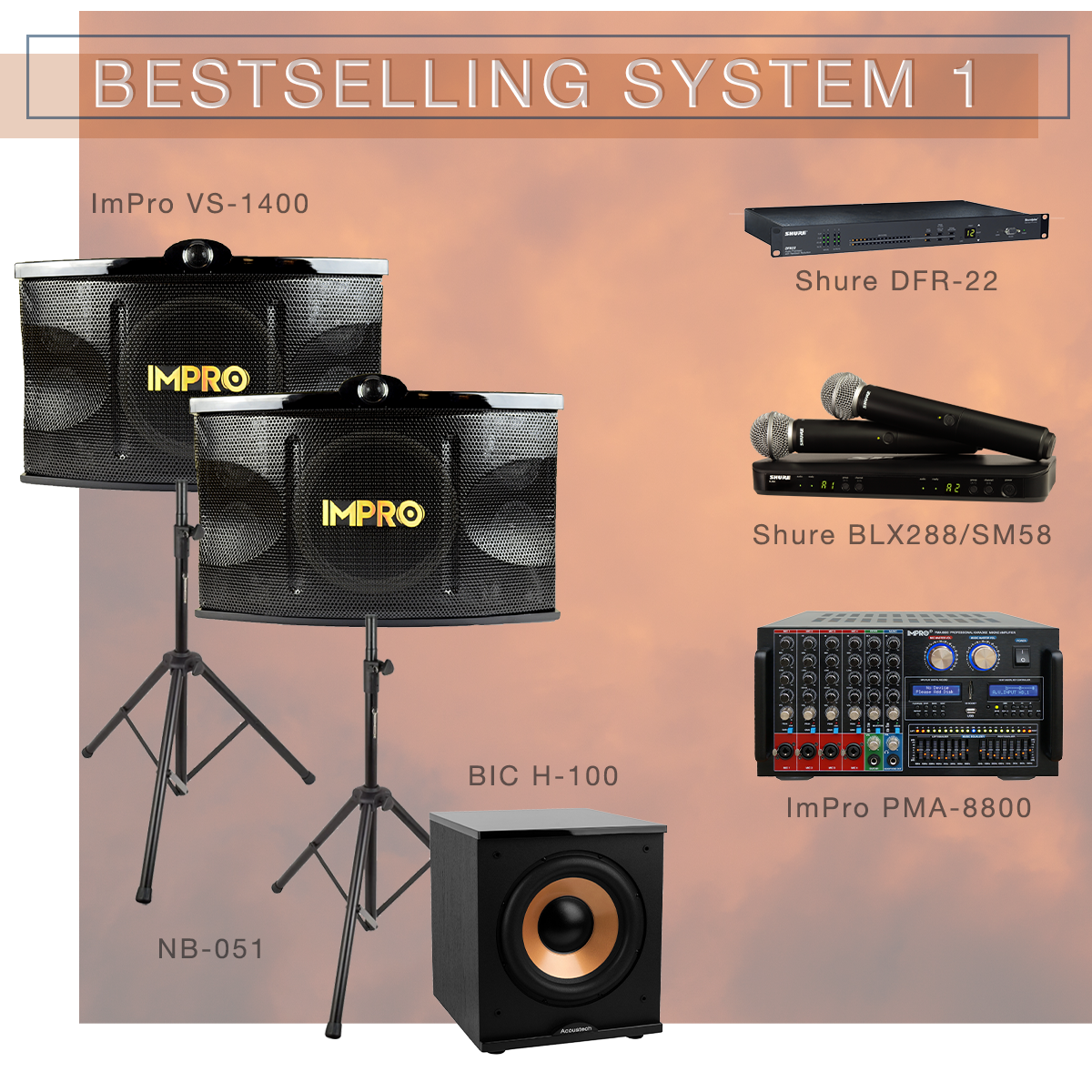 Best Selling System 1 Karaoke Package with ImPro Speakers with Stands, Mixing Amplifier and Shure Microphones