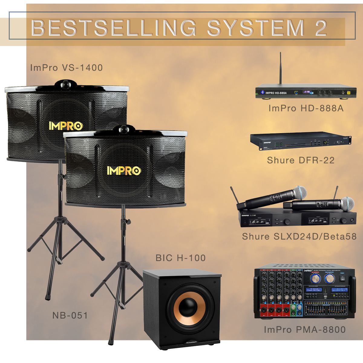 Best Selling System 2 Karaoke Package with ImPro Speakers with Stands, Mixing Amplifier, Karaoke Player, and Shure Microphones