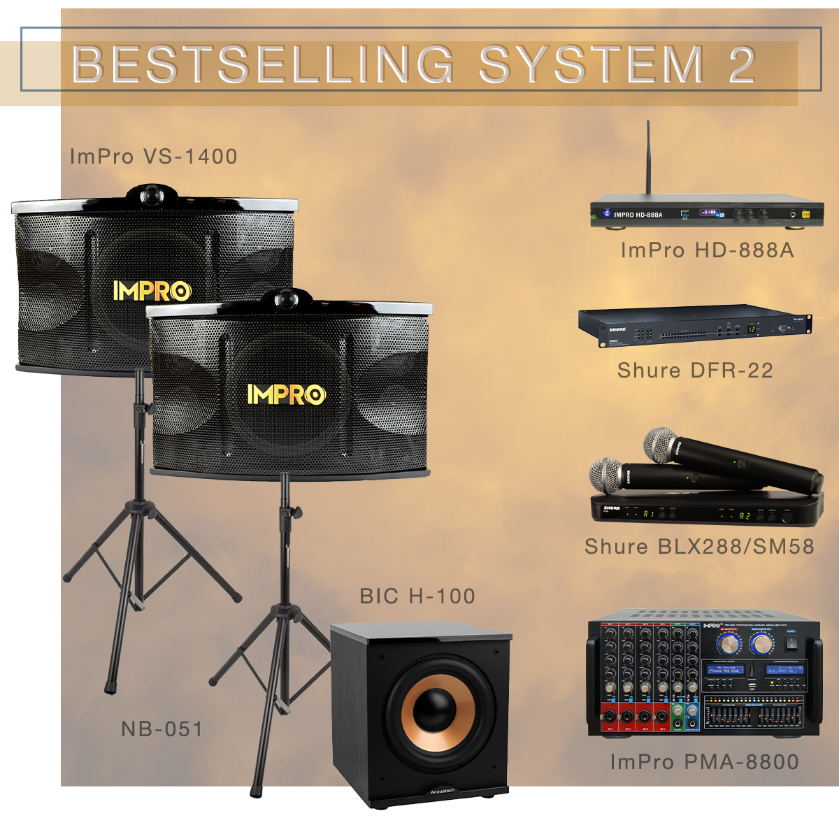 Star System 2 Karaoke Package with ImPro Speakers with Stands, Mixing Amplifier, Karaoke Player, and Shure Microphones
