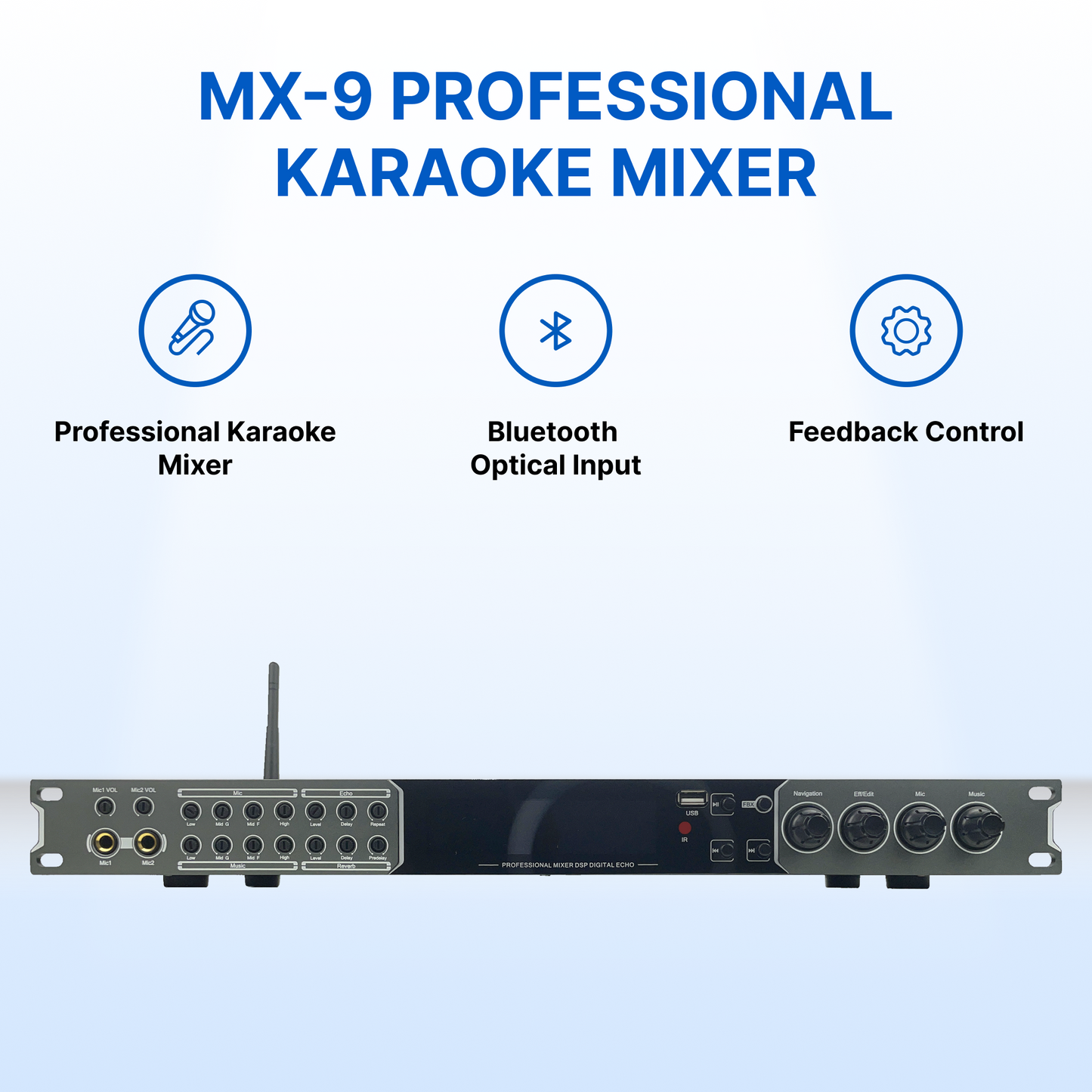 ImPro MX-9 DSP Karaoke Mixer & Digital Echo Processor – Bluetooth, FBX Feedback Suppression, 4 Mic Inputs, Optical & AUX Music Inputs
