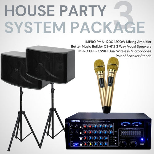 House Party Package #03: ImPro PMA-1200 + BetterMusicBuilder CS-612 G5 + Stands + ImPro UHF-77 Wireless Microphones