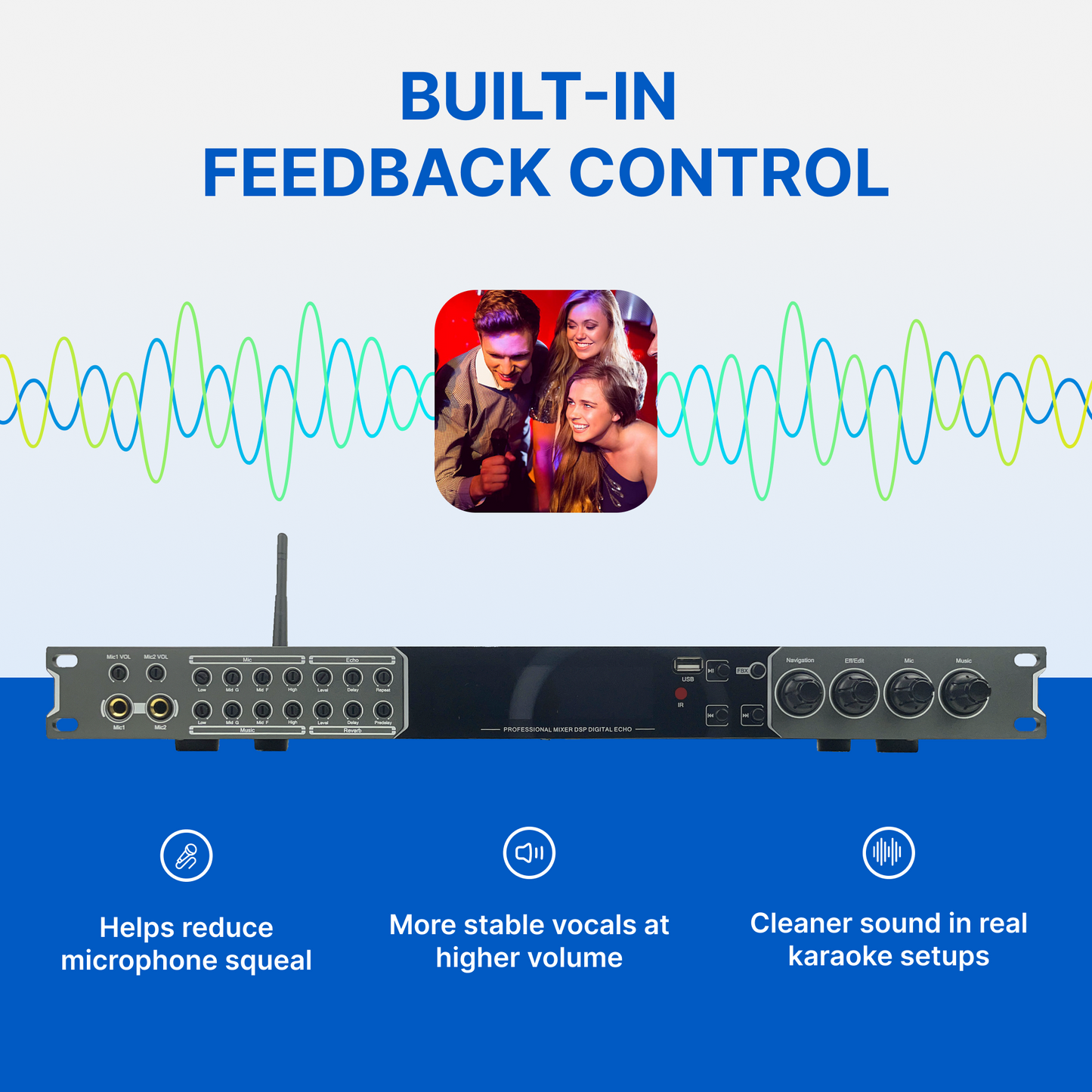 ImPro MX-9 DSP Karaoke Mixer & Digital Echo Processor – Bluetooth, FBX Feedback Suppression, 4 Mic Inputs, Optical & AUX Music Inputs