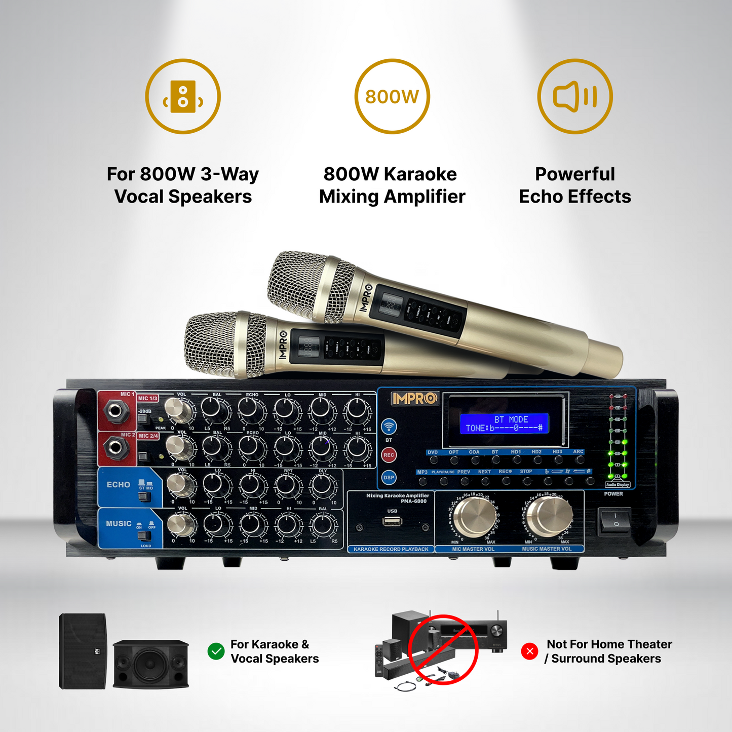 ImPro PMA-6800 800W Mixing Amplifier Bundle with ImPro UHF-88II Wireless Microphones