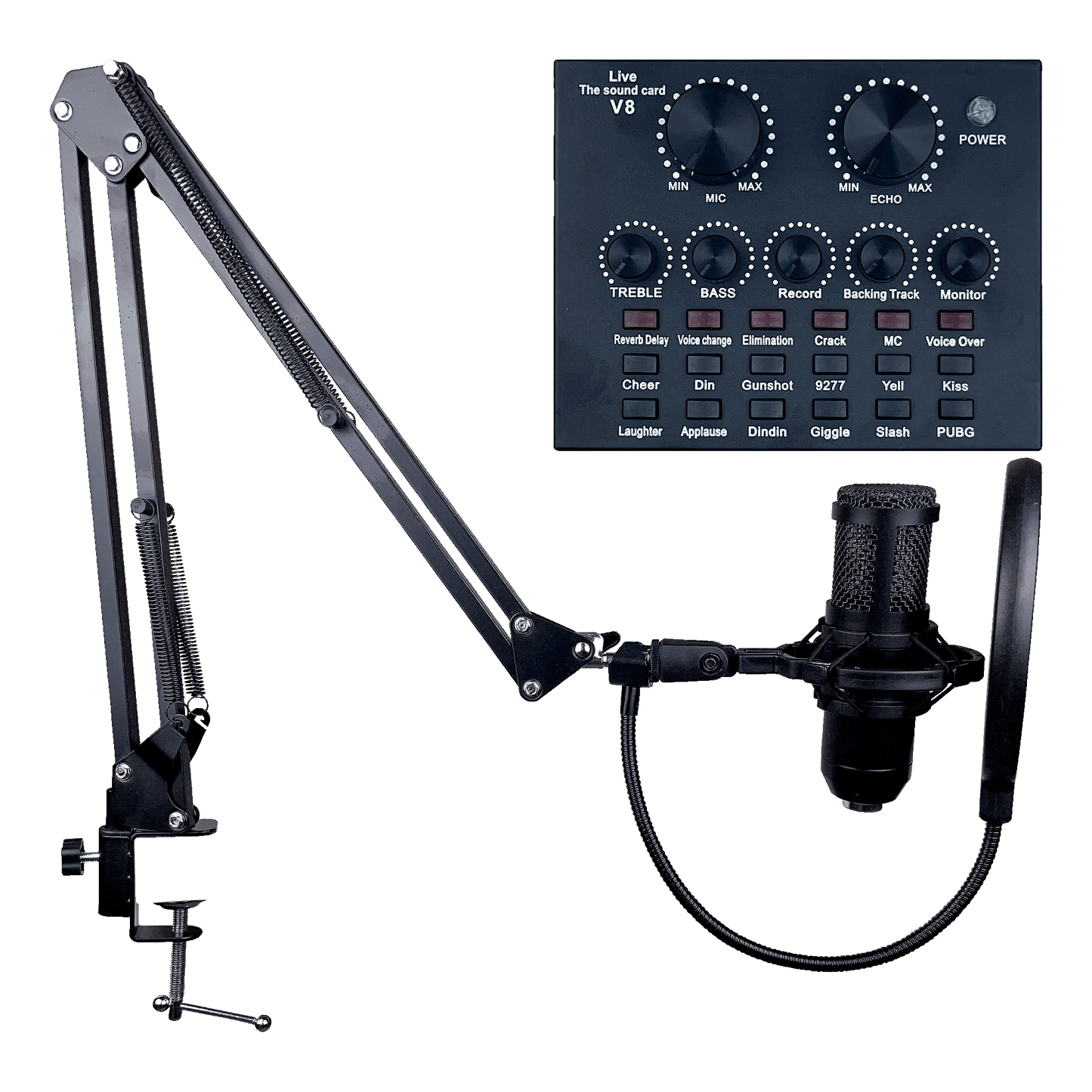 Condenser Microphone Streaming Kit w/ V8 Live Sound Card, Boom Arm, and Pop Filter.