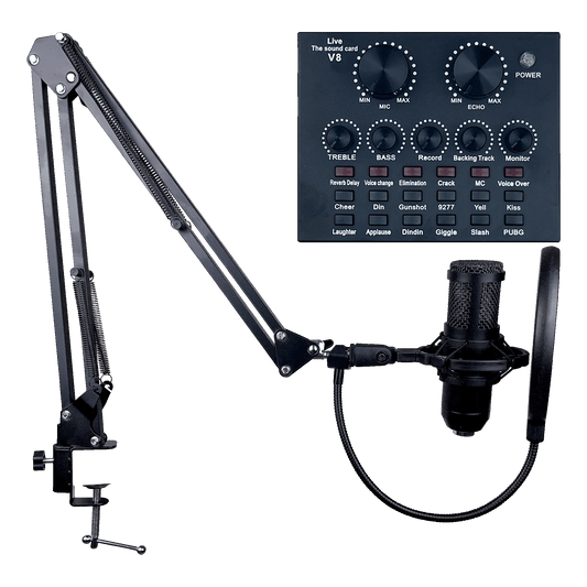 Condenser Microphone Streaming Kit w/ V8 Live Sound Card, Boom Arm, and Pop Filter.