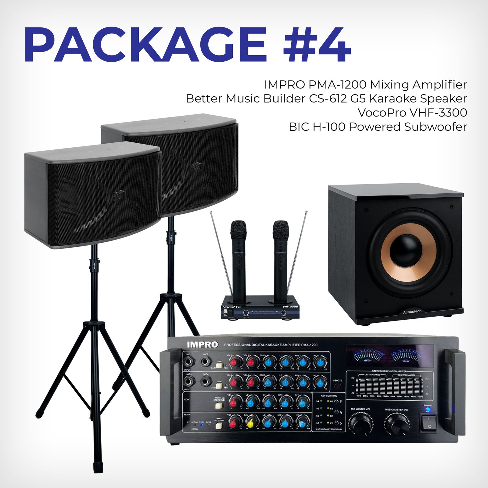 House Party Plus Pack #2: ImPro Amp, BetterMusicBuilder Speakers, Stands, VocoPro Mics & BIC Subwoofer