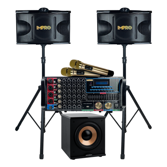 ImPro Epic Party Bundle 1 Plus with Mixing Amplifier, Speakers, Subwoofer, Microphones, and Accessories (6 Items)