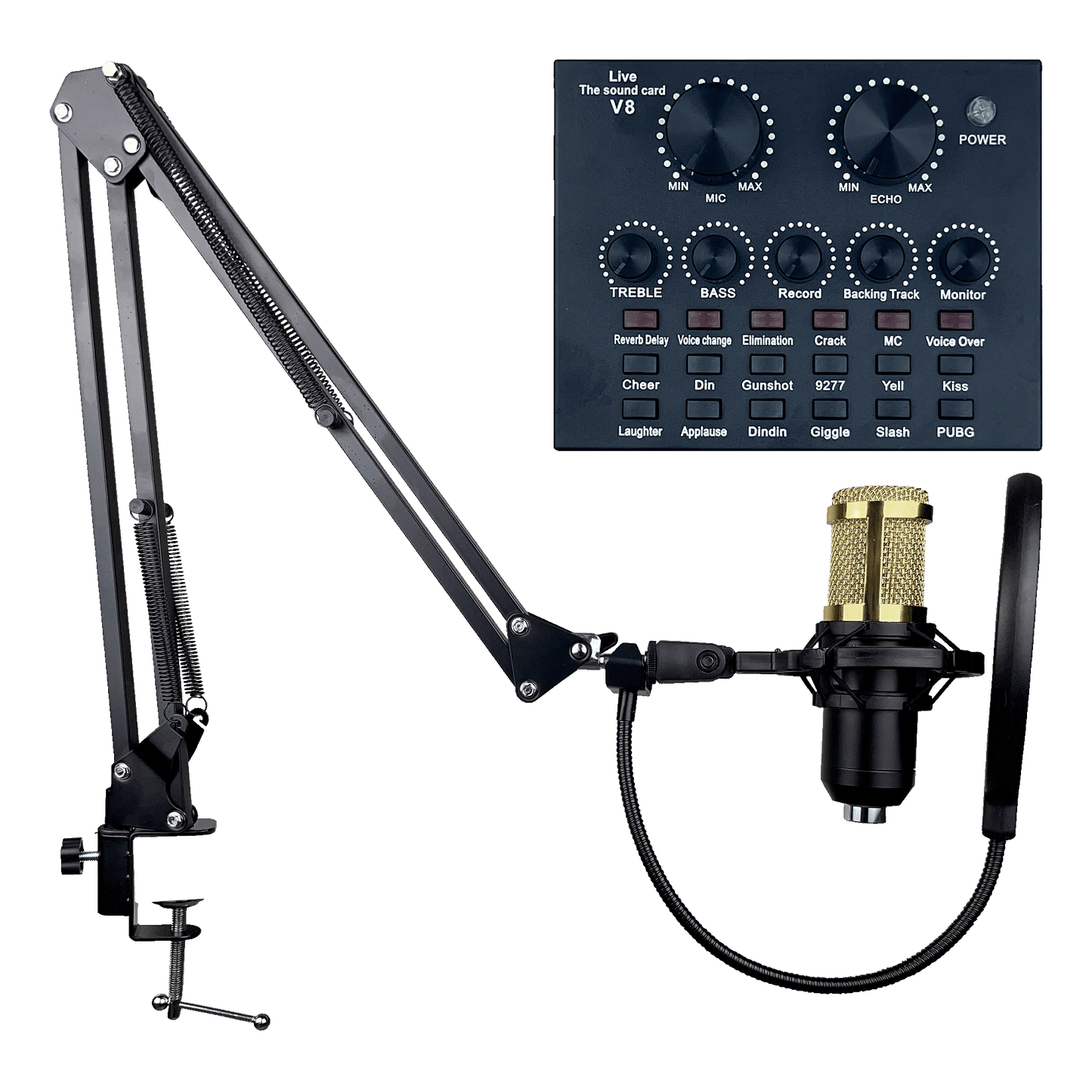 Condenser Microphone Streaming Kit w/ V8 Live Sound Card, Boom Arm, and Pop Filter.