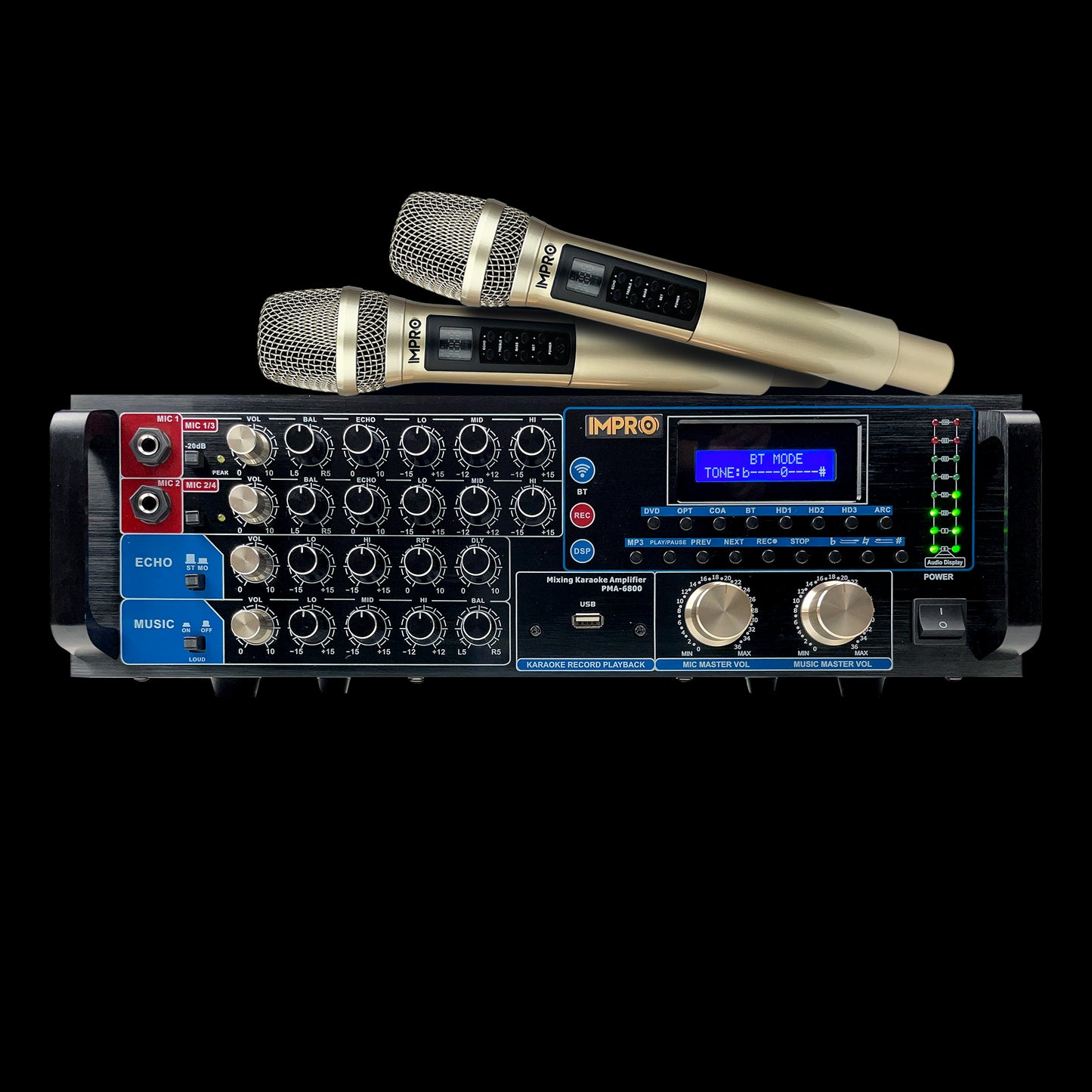 ImPro PMA-6800 800W Mixing Amplifier Bundle with ImPro UHF-88II Wireless Microphones