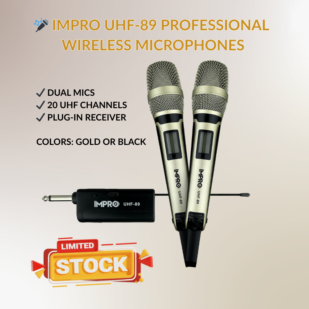 ImPro UHF-89 Dual Wireless Microphones for Karaoke & Events – 20 Selectable Channels, On-Mic Volume Control