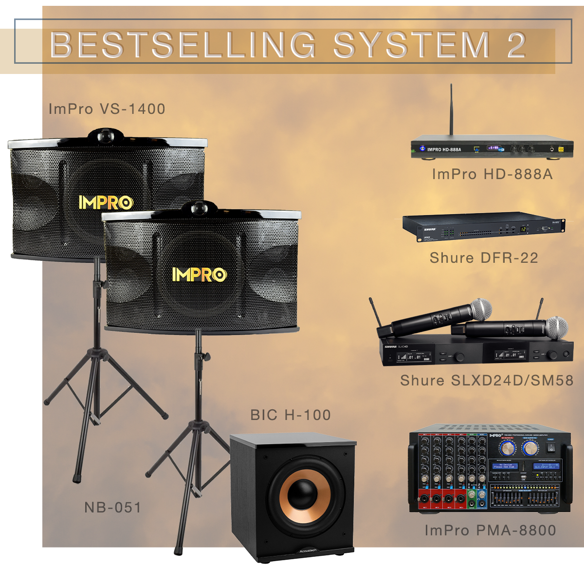 Star System 2 Karaoke Package with ImPro Speakers with Stands, Mixing Amplifier, Karaoke Player, and Shure Microphones