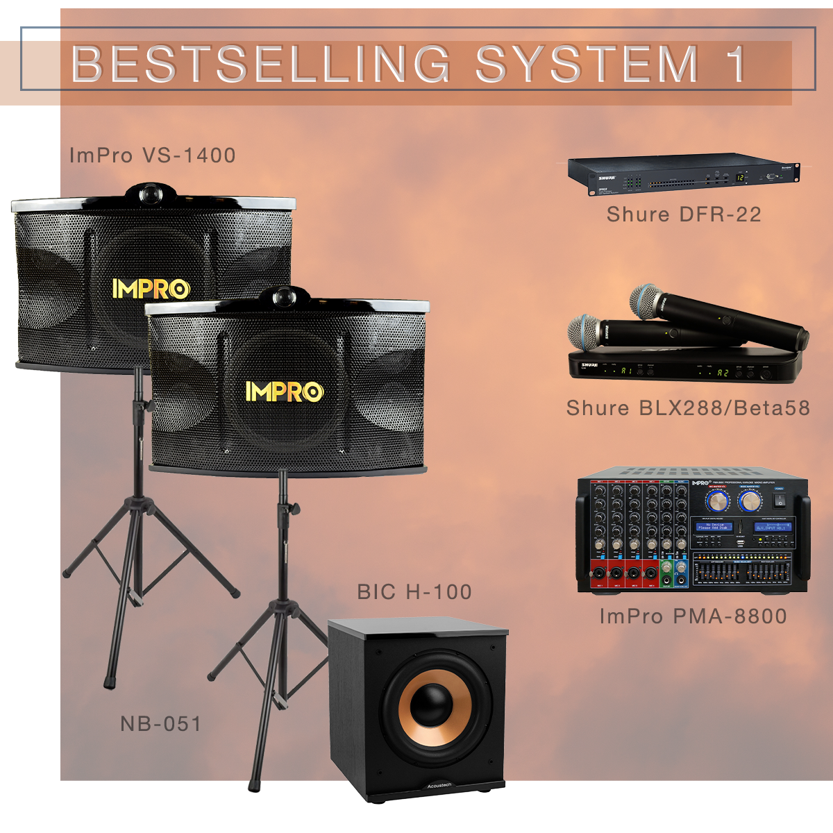 Best Selling System 1 Karaoke Package with ImPro Speakers with Stands, Mixing Amplifier and Shure Microphones