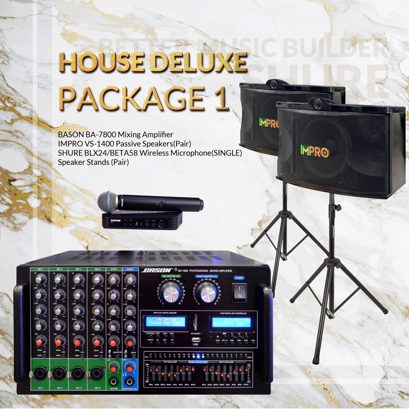 House DLX Package #01: Bason BA-7800 + ImPro VS-1400 + Stands + Shure BLX Microphone System