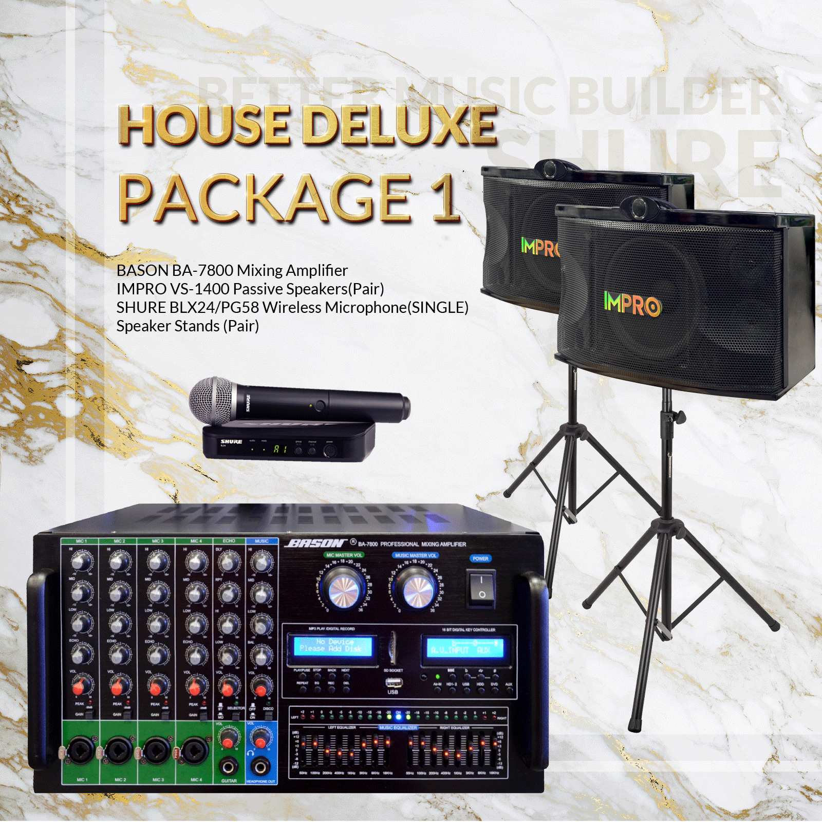 House DLX Package #01: Bason BA-7800 + ImPro VS-1400 + Stands + Shure BLX Microphone System