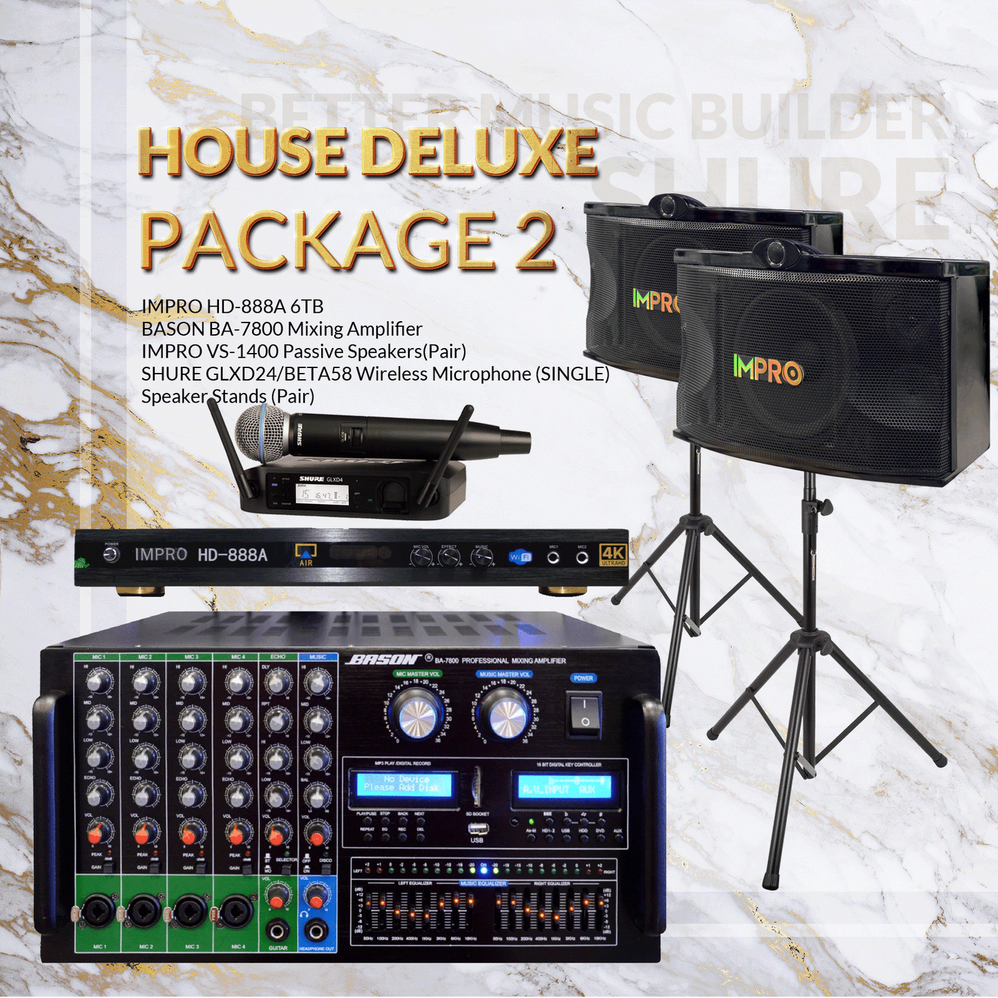 House DLX Package #02: Bason BA-7800 + ImPro VS-1400 + Stands + Shure GLXD Microphone System
