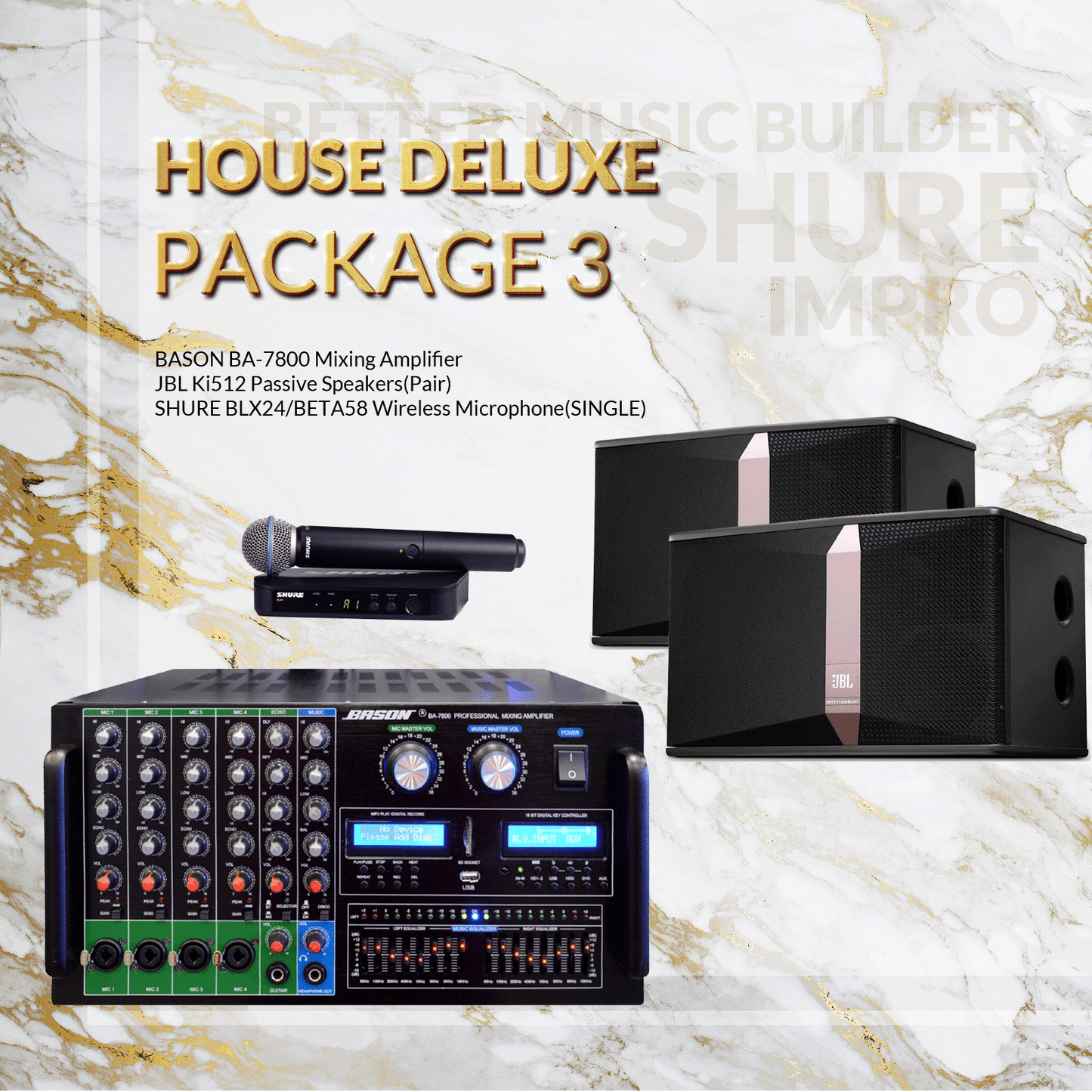 House DLX Package #03: Bason BA-7800 + JBL Ki-512 + Shure BLX Microphone System