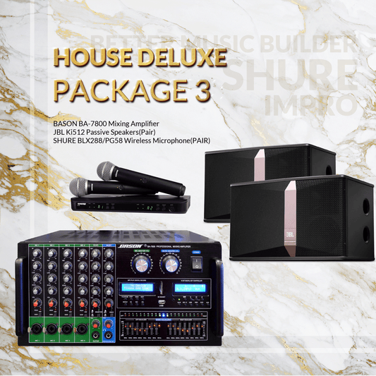 House DLX Package #03: Bason BA-7800 + JBL Ki-512 + Shure BLX Microphone System