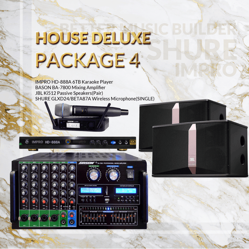 House DLX Package #04: Bason BA-7800 + JBL Ki512 + Shure GLXD Microphone System