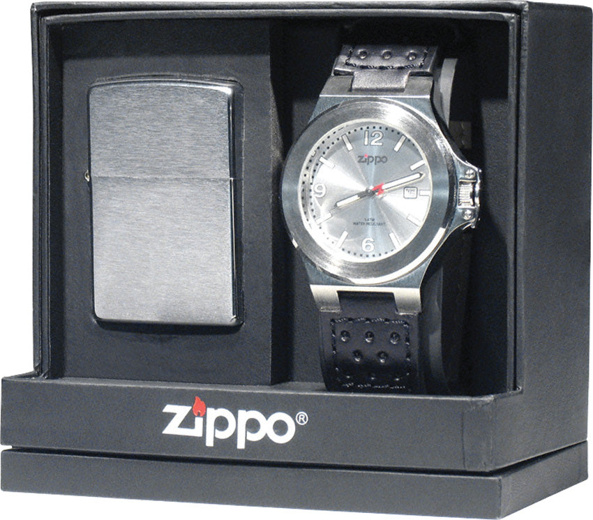 Zippo 20994 UWZ-1 Watch Black Leather Band Miyota Citizen And Lighter Gift Set