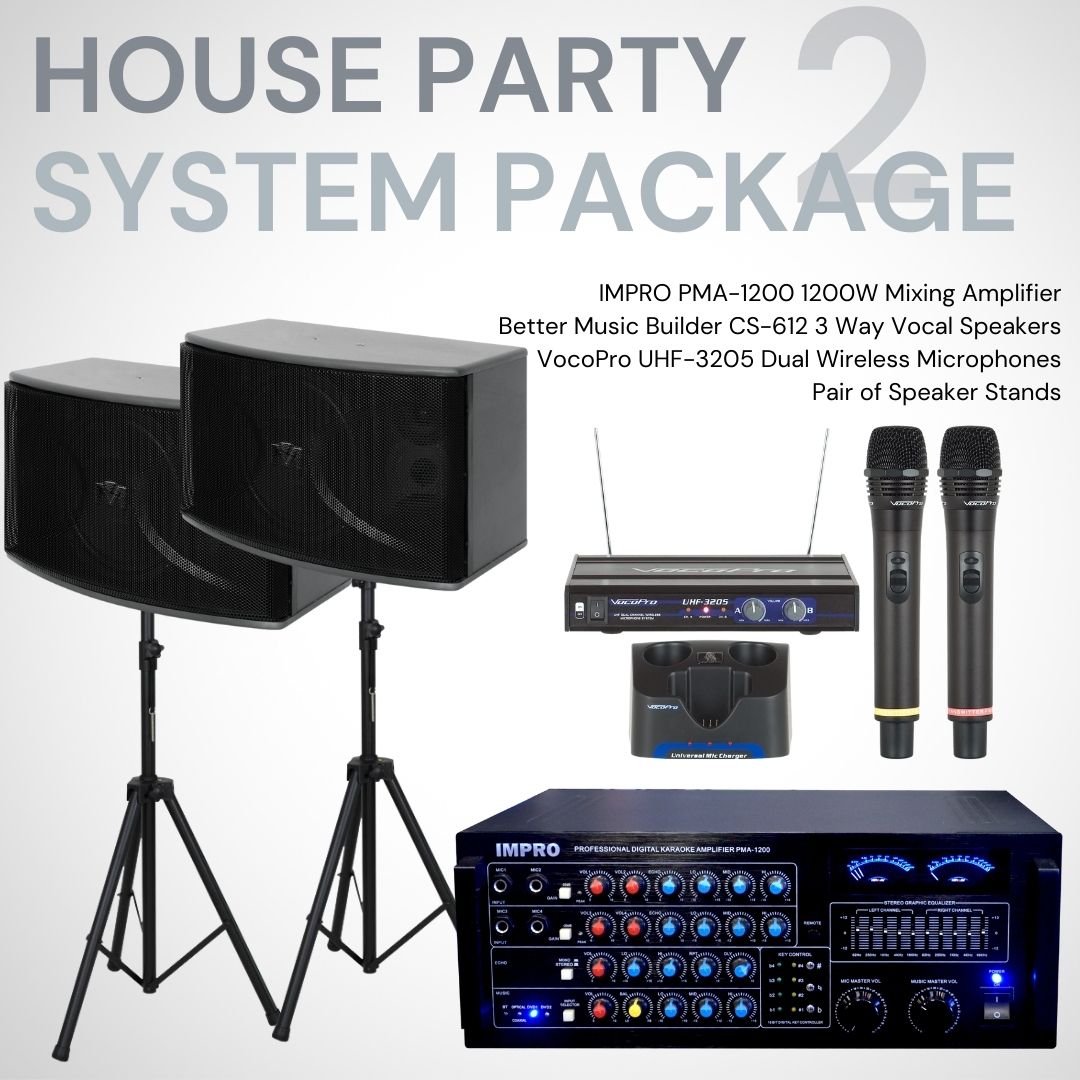 House Party Package #02: ImPro PMA-1200 + BetterMusicBuilder CS-612 G5 + Stands + VocoPro Wireless Microphones