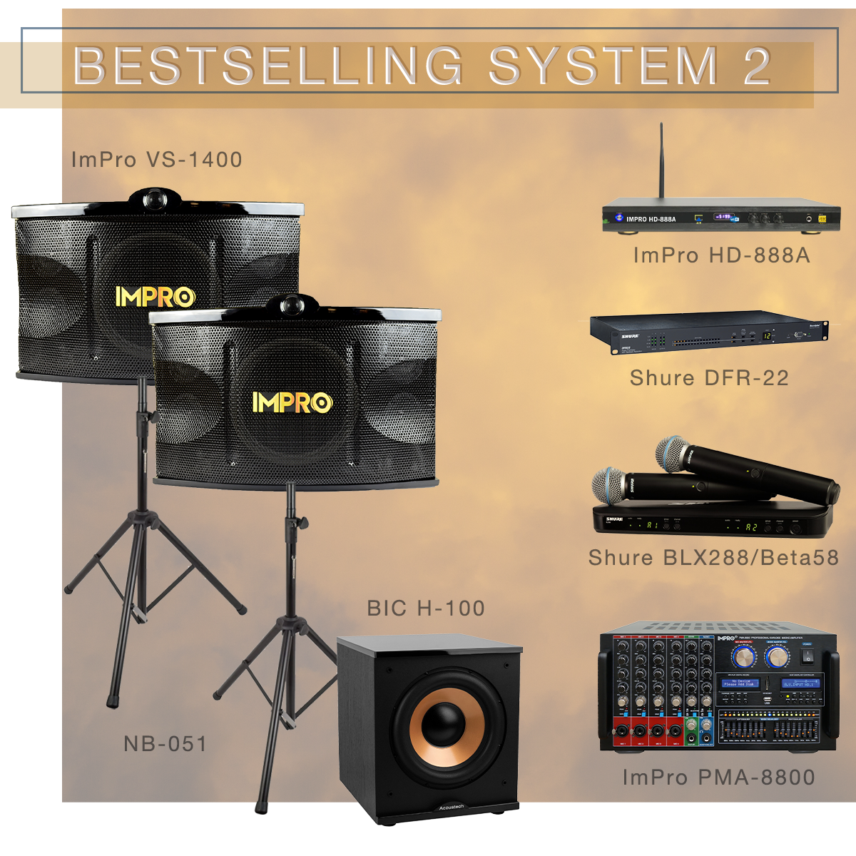 Best Selling System 2 Karaoke Package with ImPro Speakers with Stands, Mixing Amplifier, Karaoke Player, and Shure Microphones
